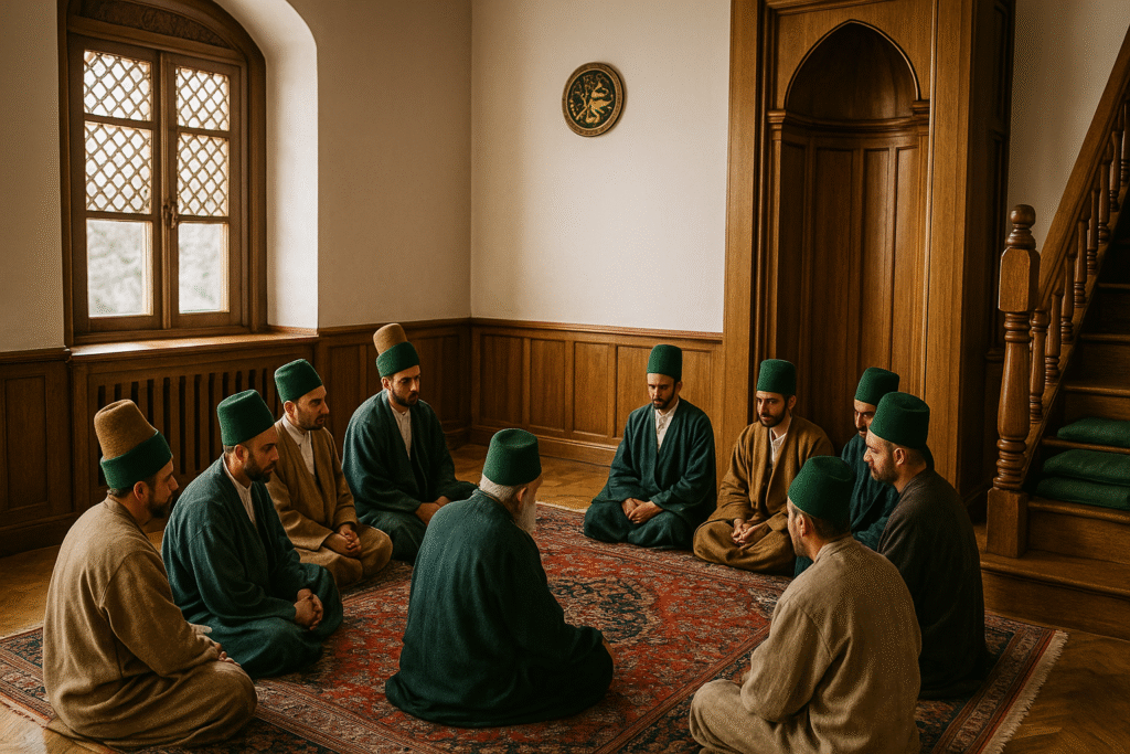 Sufi circle gathering inside a tekija, spiritual discussion