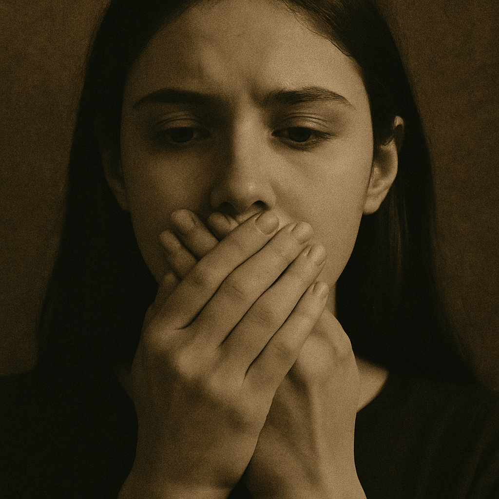 woman with hands covering her mouth symbolizing silenced women's voices