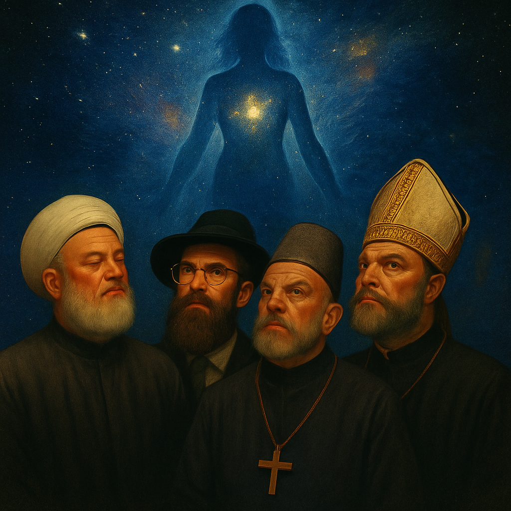 A symbolic painting of four male religious clerics beneath a cosmic feminine figure in the stars, representing the forgotten balance of divine feminine energy and how faith has been shaped through male eyes.