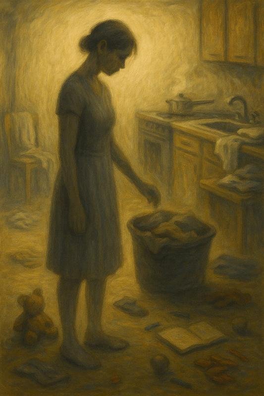 Painting of a woman standing in a lived-in home surrounded by laundry, toys, and dishes, symbolizing emotional exhaustion and invisible labor.